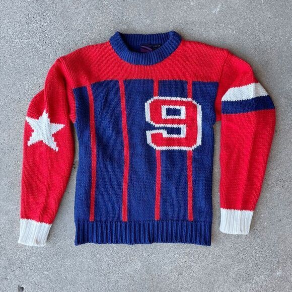 Vintage 80s TG KIDS Retro Sporty Knit Sweater Jersey Style w/ Number 9, Stars, M - Picture 3 of 4